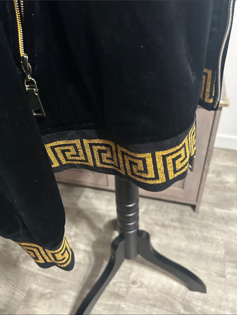 Black Velvet Bomber Jacket with Gold Greek Key Trim - Picture 7 of 10